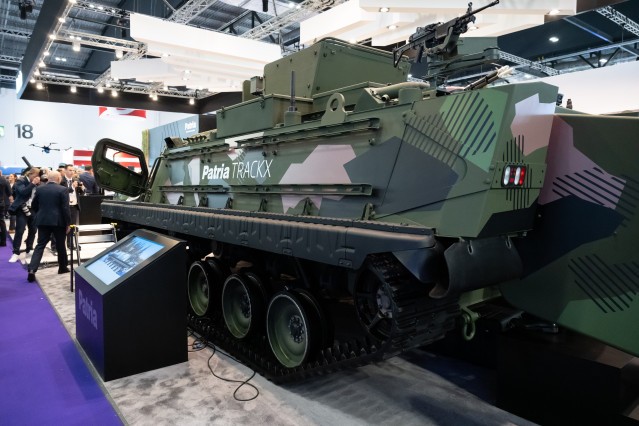 Patria TRACKX vehicle at DSEI UK event.